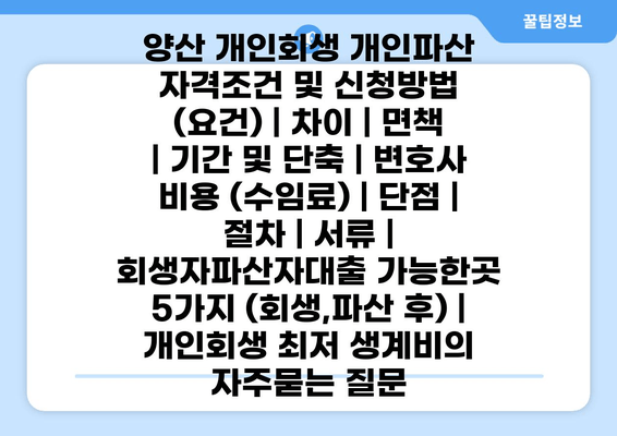 양산 개인회생 개인파산 자격조건 및 신청방법 (요건) | 차이 | 면책 | 기간 및 단축 | 변호사 비용 (수임료) | 단점 | 절차 | 서류 | 회생자파산자대출 가능한곳 5가지 (회생,파산 후) | 개인회생 최저 생계비